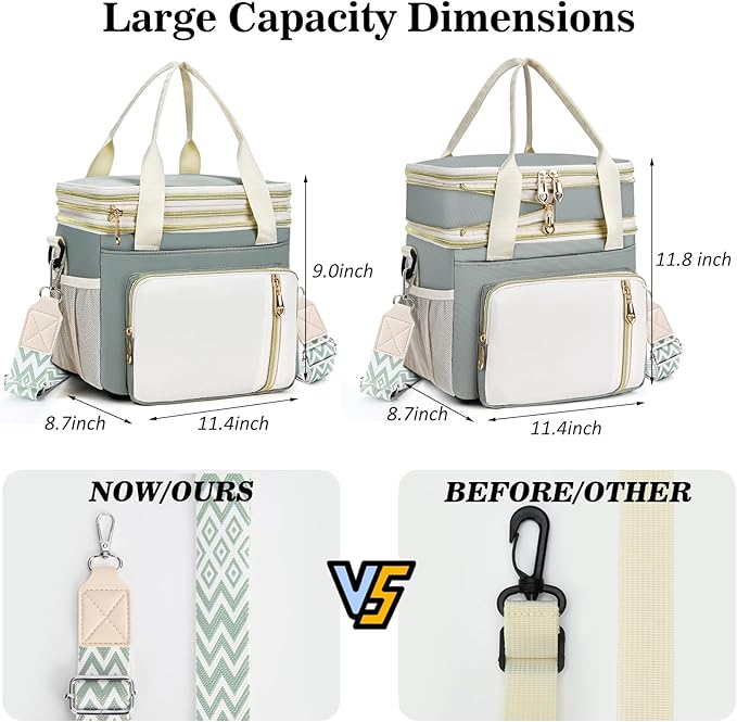 LOKASS Lunch Box & Lunch Bag for Women Men Double Deck,Large Insulated Adult Lunch Box Leakproof Lunchbox Cooler Bag for Work Picnic Beach,（Olive Green16L）