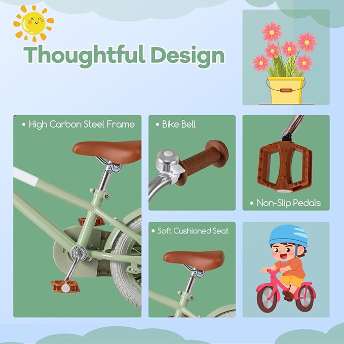 BABY JOY Colorful Macarons Kids Bike, 12 14 16 18 Inch Sporty Children's Bicycle with Training Wheels, Adjustable Handlebar & Saddle, Handbrake & Coaster Brake, Boys Girls Bike for 3-8 Years Old