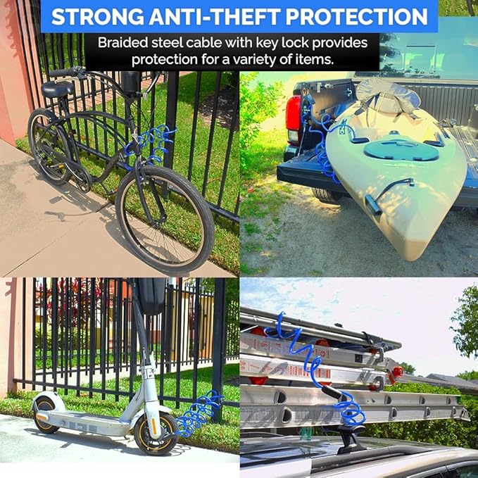 Coiled Security Cable with Key Lock (5’, 10’, 15’, 20’ or 25’ Lengths), Weatherproof Multi-Purpose Anti-Theft Protection for Kayaks, Bikes, Paddleboards, Scooters, Equipment and More 10ft