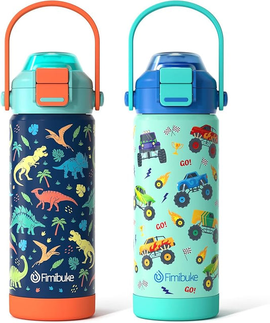 Kids Insulated Water Bottle with Pop-Open Straw & Spout 2-in-1 Lid, 18oz Leak Proof 18/8 Stainless Steel Vacuum Tumbler, BPA-Free Kids Cup For Travel School Boys Girls Toddler, Dinosaur & Monster Car