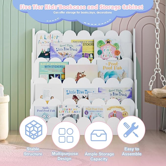 NACHES Kids Bookshelf Wooden 4 Tier Scalloped Bookshelf Toddler Montessori Bookcase Children Front Facing Display Book Shelves for Nursery Kids Room Reading Room Bedroom Classroom
