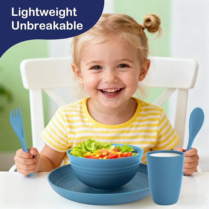 Wheat Straw Dinnerware Sets for 4, Reusable Plastic Dinner Plates, Unbreakable Kids Plates and Bowls Sets 20 PCS, Dishwasher & Microwave Safe Kitchen Camping Dorm Dish Sets- Blue