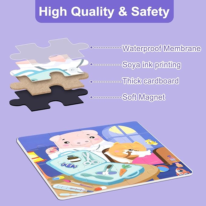 ASTARON Magnetic Puzzles for Toddlers, 12-16-25 Pieces Hairdresser/Doctor/Chef Learning Magnet Puzzles for Road Trip, Educational Travel Toys Car Plane Activities for Kids, Kids Birthday Gifts