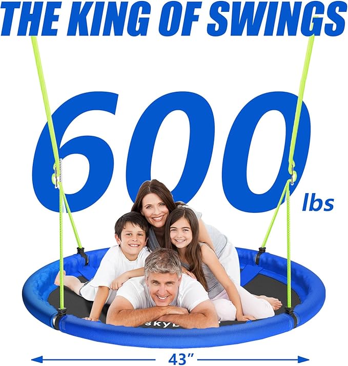 Skybound 43" Saucer Swing for Kids Outdoor - Durable Textilene Fabric, Galvanized Steel Frame, 600lbs Capacity, Adjustable Ropes (Blue)
