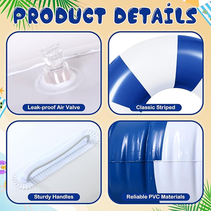 3 Pcs Large Swim Ring with Handles Set 47.24" 39.37" 35.43" Inflatable Pool Inner Tube Classic Striped Pool Ring Floats for Adults Teens Summer Lounger Beach Party Supplies