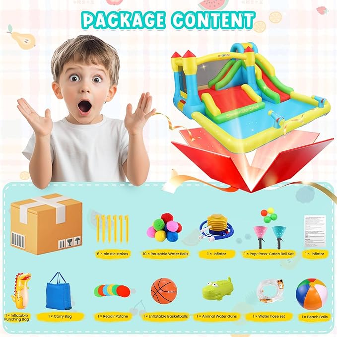 AKEYDIY Bounce House Water Slide, Inflatable Water Slide Park with with Long Slide, Pool, Climbing Wall, Water Gun for Outdoor, Blow up Water Slides Bounce House Castle for Kids Backyard(No Blower)