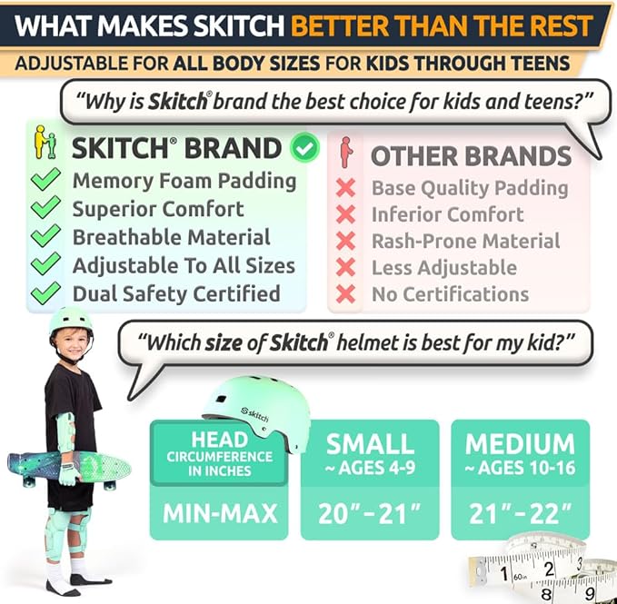 SKITCH Skateboard Helmet for Kids and Teens with Premium Grade Memory Foam Padding | Triple Certified Adjustable Protective Sport Head Gear for Scooter Roller Skate Inline Skating and Rollerblading