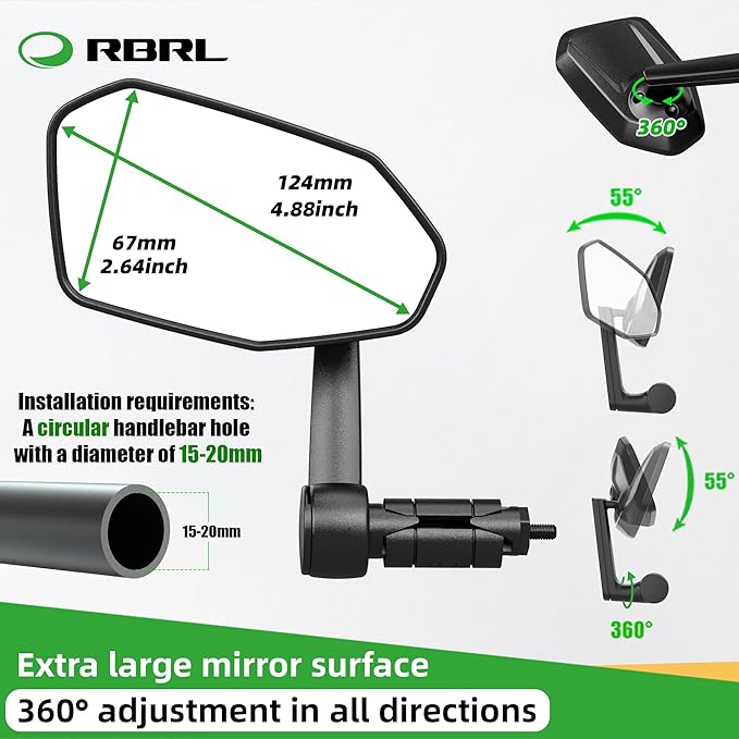 RBRL Bicycle Mirror, Extra Large Bike Mirror, 360° Adjustable Shatterproof and Durable Bar End Rear View Mirror Bi, Bicycle Side Mirror for E-Bike (Set)