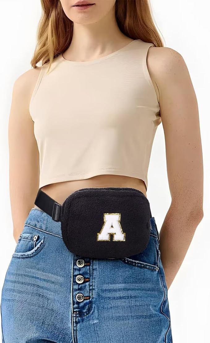 YOOLIFE Birthday Gifts for Women Daughter Sister Friends Mom Girlfriend Aunt Niece, Fleece Belt Bag Initial Fanny Pack Crossbody Bag, Black S