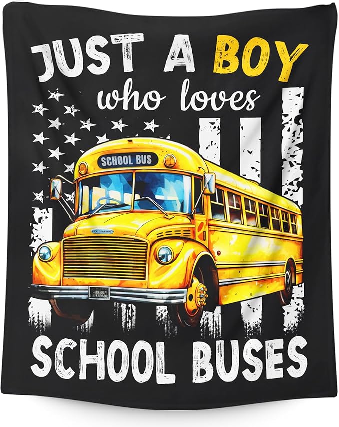 School Bus Blanket for Boys - 50x60 Inches Cute Throw Blanket Gifts for Kids Truck Lovers - Just a Boys Who Loves School Buses Blankets for Sofa Couch Bed Travel