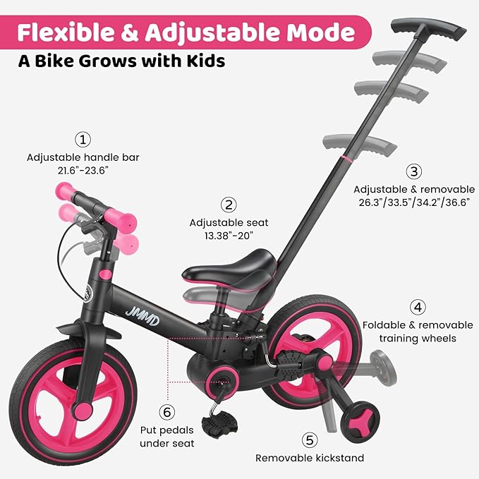 JMMD Toddler Bike with Push Handle for Kids 18-60 Months, 6 in 1 Foldable Push Bike with Training Wheels, Pedals, Brakes, Kickstand, Kid Balance Bike Gift & Toys for Boy & Girl