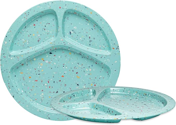 bzyoo 11-Inch Divided Green Set of 2 - Confetti Green BPA-Free, 100% Melamine Portion Control Plates Unbreakable, Dishwasher Safe Plates with Dividers for Weight Loss, Camping, BBQ Parties Fun