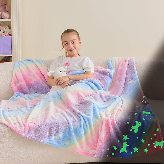Wajade Unicorn Gifts for Girls - Glow in The Dark Unicorn Blanket Birthday Christmas Decor for Kids Age 3 4 5 6 7 8 9 10 11 12 Years Old Teens Child Toddler Throw Rainbow 60"x80"