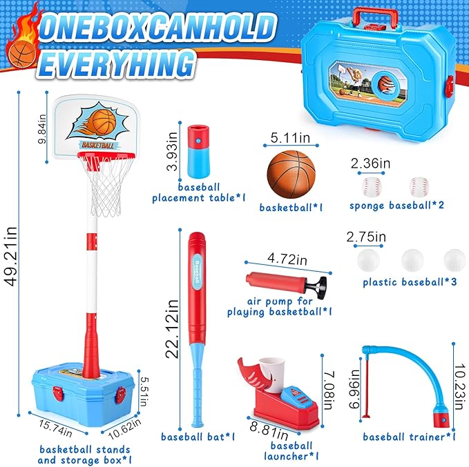 4-in-1 Toddler Basketball Hoop & Tee Ball Set,Adjustable Height Kids Basketball Hoop with Automatic Pitch -Kids Outdoor Sport Birthday Christmas Toys Gifts for Boys Girls