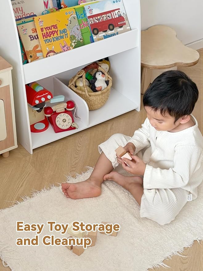 Wooden Kids Bookshelf and Toy Storage, 3-Tier Montessori Book Display Shelf for Toddler Kids Room, Nursery, Playroom, Classroom, White