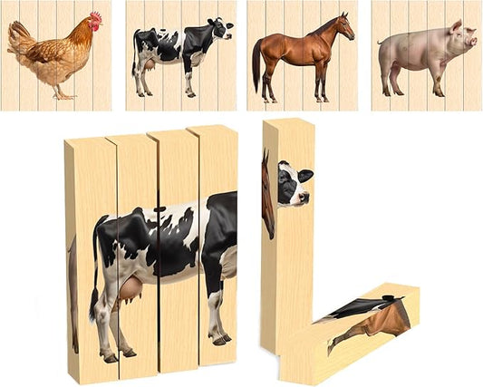Wooden Animal Chunky Puzzles for Toddlers 2+ Years - Montessori 4 in 1 Farm Animal Block Puzzle Toy