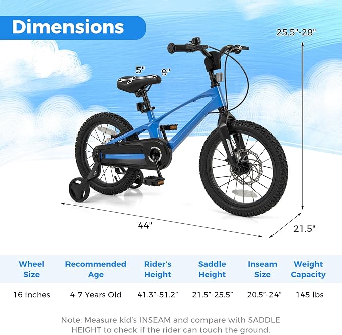 BABY JOY Kids Bike, 16" Magnesium Sporty Bicycle with Dual Disc Brakes, Removable Training Wheels, Body Suspension, Adjustable Handlebar & Saddle, Girls Boys Bike