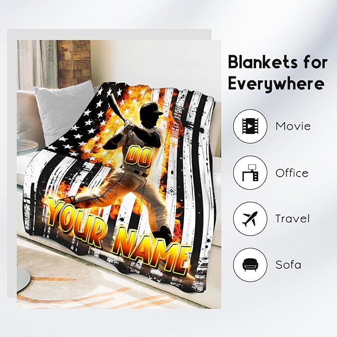 Baseball Blanket for Boys, Custom Blankets Gifts for Kids, Personalized Sports Throw with Name, Soft Fleece Throw for Men & Adults, 60"x80"