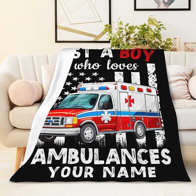 Custom Ambulance Blanket for Boys, Cute Throw Blanket Gifts for Kids Truck Lovers, Personalized 30x40 Inches Black Soft Fuzzy Blankets for Sofa Couch Bed