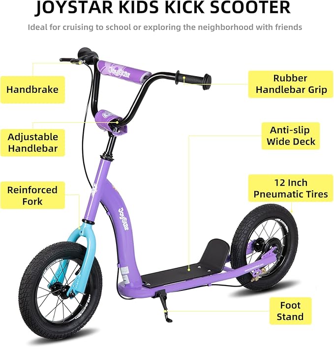 JOYSTAR Kick Scooter for Kids 5+ Teens & Youth, Lightweight Kids Scooter with Adjustable Handlebar, 2 Wheel Scooter for Boys & Girls, 12" Inflatable Wheels Rear Drum Brakes