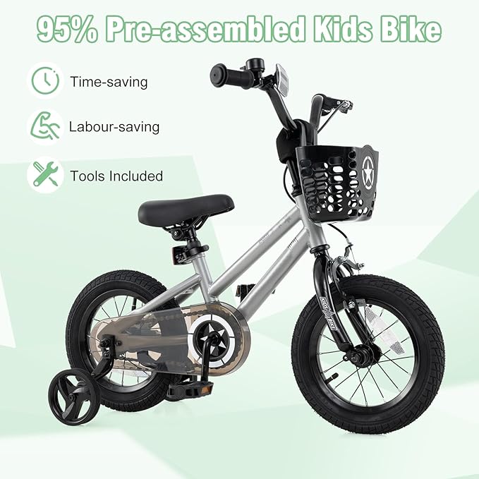 BABY JOY Starry Kids Bike, 12 14 16 18 Inch Bicycle with Training Wheels, Storage Basket, Adjustable Handlebar & Seat, Handbrake & Coaster Brake, Girls Boys Bike