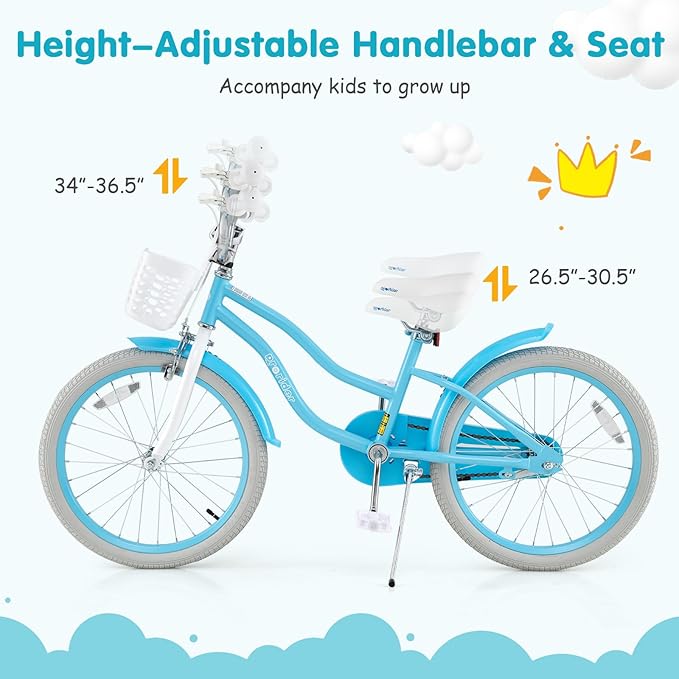 BABY JOY Kids Bike, 12 14 16 18 20 Inch Boys Girls Bike w/Adjustable Seat, Removable Basket, Handbrake & Coaster Brake, Training Wheels or Kickstand, Kids Bicycle with Multi-Color