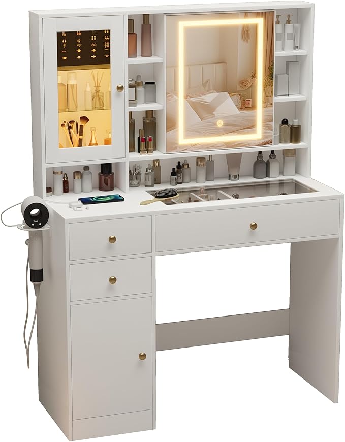 Makeup Vanity Desk with Mirror and Lights, White Vanity with Glass Top, Jewelry Storage, Power Outlets, 3 Drawers & 2 Cabinets, Adjustable LED Lighting, Dressing Table for Women & Girls Bedroom