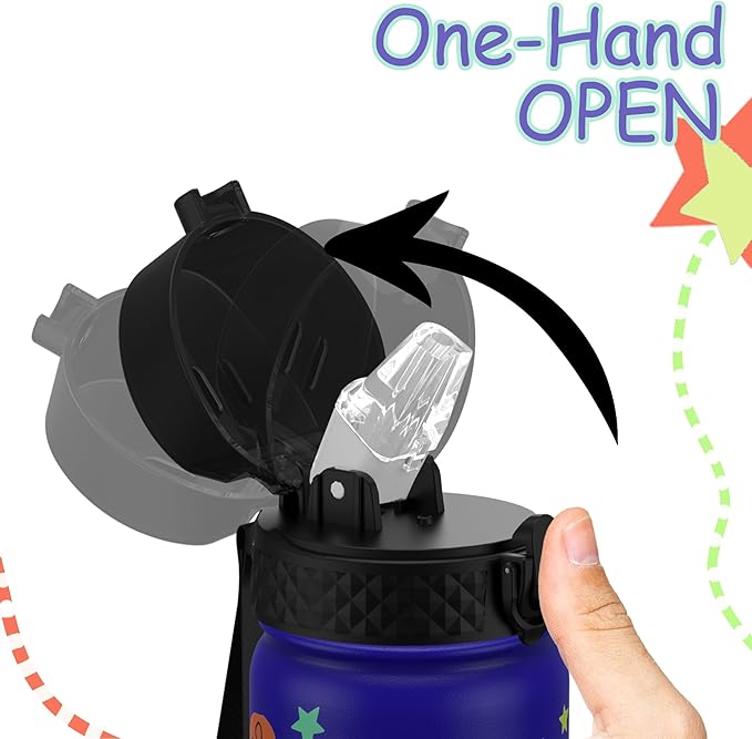 GOPPUS Kids Water Bottle (Straw Lid) - 14 Oz Stainless Steel Travel Bottle, Double Wall Vacuum Leak Proof Kids Cup for School Boys Girls,Blue Space dinosaur