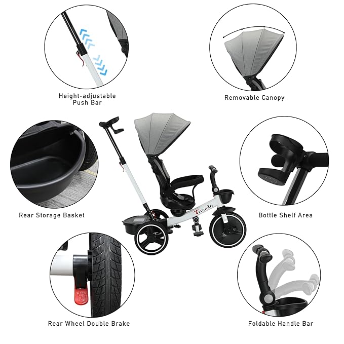 Baby Tricycle,6-in-1 Baby Push Bike Steer Stroller,Learning Toddler Bike/Detachable Guardrail,Adjustable Canopy,Safety Harness,Folding Pedal,Storage Basket,Brake,Shock Absorption