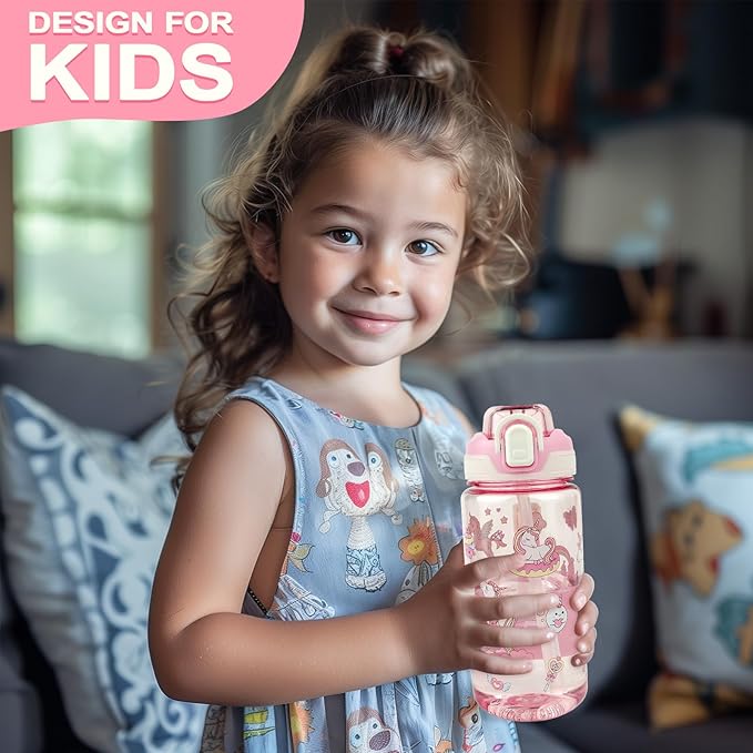 Kids Water Bottle for School or Travel, 20 Oz Durable Plastic Water Bottle with Silicone Straw and Pop-Up Spout Cover, BPA Free & Dishwasher Safe(Unicorn)
