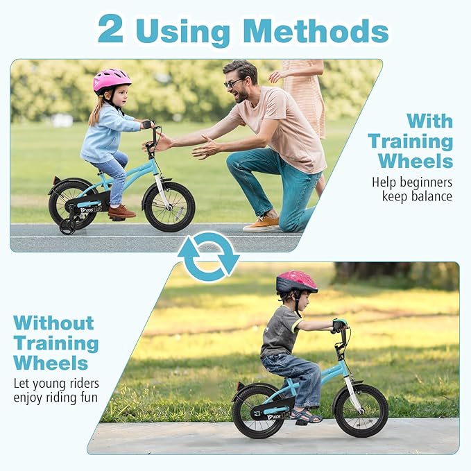 BABY JOY Kids Bike, 12 14 16 18 Inches Sporty Bicycle with Training Wheels, Adjustable Seat, Handbrake & Coaster Brake, Reflectors, Girls Boys Bike for 3-8 Years Old Children