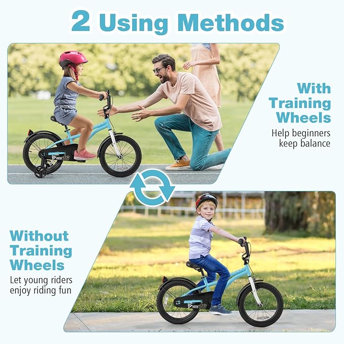 BABY JOY Kids Bike, 12 14 16 18 Inches Sporty Bicycle with Training Wheels, Adjustable Seat, Handbrake & Coaster Brake, Reflectors, Girls Boys Bike for 3-8 Years Old Children
