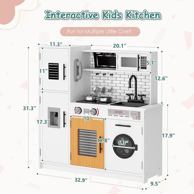 DlandHome Kids Kitchen Playset, Pretend Kitchen Playset with Real Lights & Sounds, Chef Pretend Play Set with Refrigerator, Microwave, Oven, Ideal Toy Gift for Toddlers and Kids Ages 3+