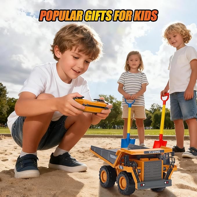 HuiJuKeJi Remote Control Dump Truck - 360° Rotating Metal Bed, 9-Channel RC Construction Toy for Indoor Outdoor Play, Rechargeable with Lights & Sounds, for Kids Ages 6+