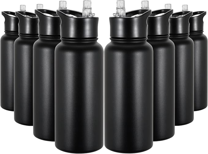 32 oz Insulated Water Bottle Bulk 8 Pack, Stainless Steel Sports Water Bottles with Straw Lid & Wide Mouth Lids, Double Walled Vacuum, Leak Proof, Black