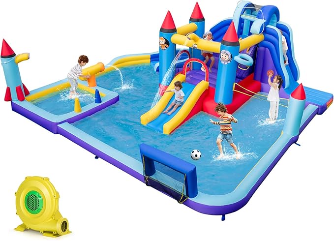 BOUNTECH Inflatable Water Slide, 10-in-1 Water Park Jump Castle for Big Kids 5-12, Water Slides Inflatables w/Huge Splash Pool, Football Gate, Water Bounce House for Kids Outdoor Backyard Party Gifts