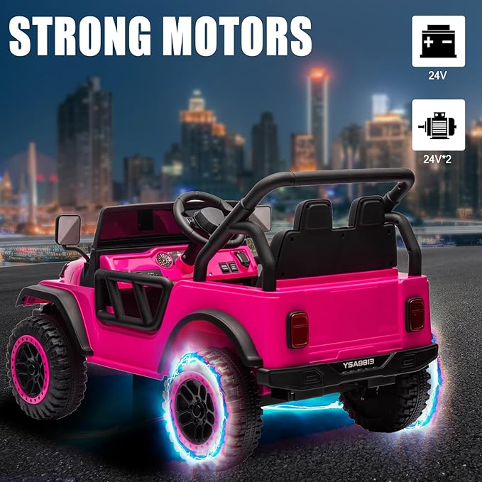 POSTACK 24V Ride On Car with Remote Control, 1 Seater 2WD Battery Powered Ride On UTV Toys for Toddlers Boys Girls, Off Road Electric Vehicle to Drive w/Bluetooth, LED Lights, Rose Pink