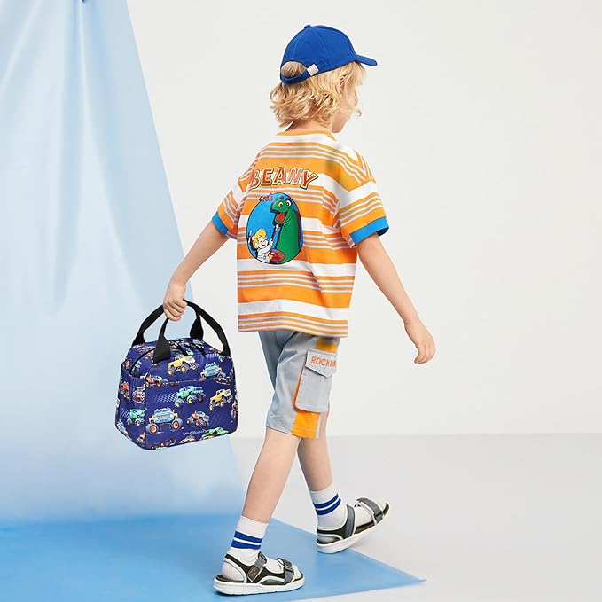 Lunch Box Kids Insulated Lunch Bag Large Reusable Leakproof Cooler Lunch Bags for Boys Girls School Travel Picnic (Navy-Vehicle)