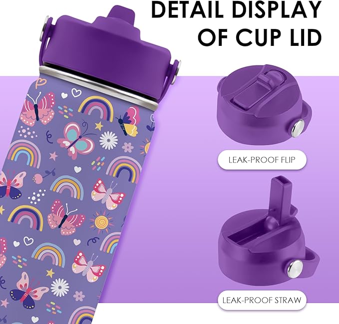 Butterfly Gifts - 16oz Purple Kids Water Bottle with Straw Lid, Stainless Steel Insulated Tumbler, Leakproof, BPA-Free, for Girls, School, Travel - Butterfly Rainbow Themed Birthday Gift Cup (1pc)