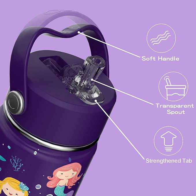 OISIZ Kids Water Bottle with Straw Lid 14oz, Vacuum Insulated 316 Stainless Steel Water Bottles for Kids for School, Leakproof Water Bottle, BPA Free and Keep Cold for 24 Hours