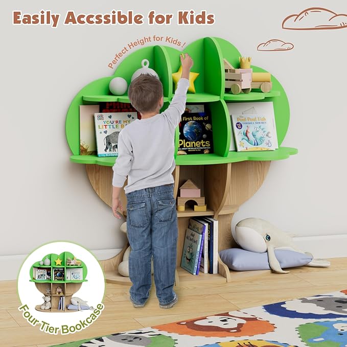Light Green Tree Kids Bookshelf Toddler Bookcase 4-Tier Baby Book Rack Children Toy Storage Organizer Forest Wood Display Shelf Nursery Playroom Bedroom Classroom School Homeschooling Boy Girl’s Gift