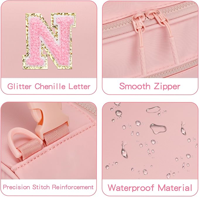 Initial Insulated Lunch Bag for Girls Kids, Back to School Gift, Reusable Leak-proof Lunch Box with Adjustable Strap for School Daycare Travel Picnic (Pink,N)