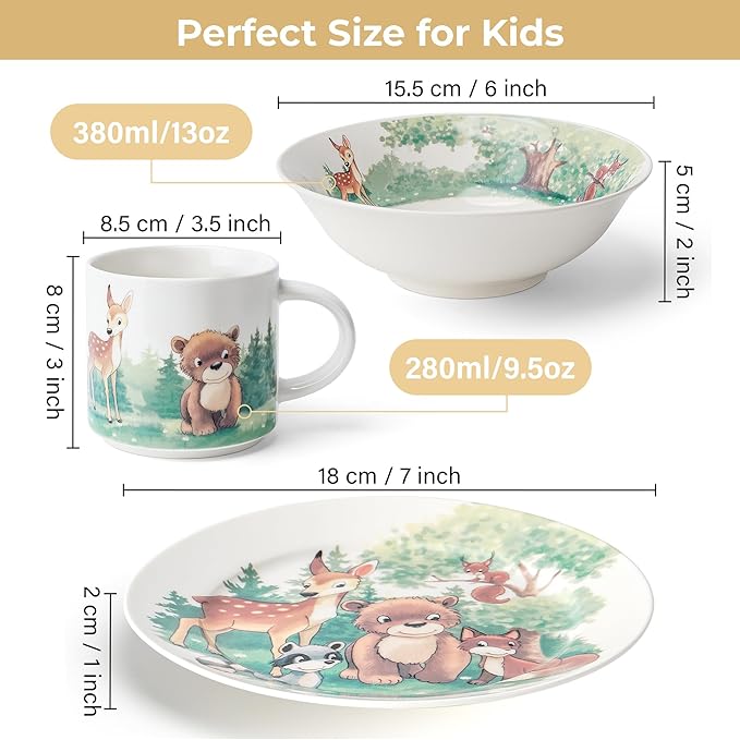 MIAMIO – Set of 3 Kids Dinnerware Set/Porcelain Children Dishes, Kids Dish Set, Children’s Tableware Set - Includes Plate, Bowl and Cup – For Kids and Toddler (Forest)