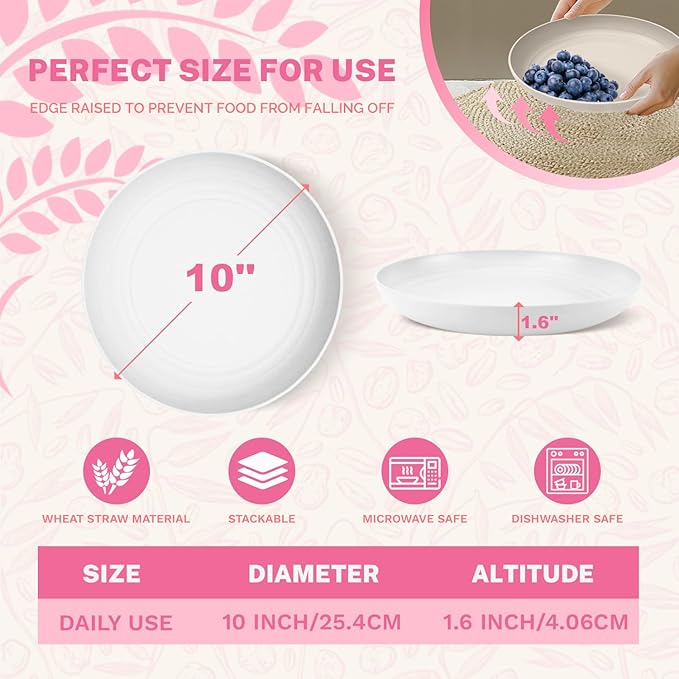 Homienly Deep Dinner Plates, Wheat Straw Plates 10 inch Set of 8, Unbreakable Plates for Kitchen, Kids, Lightweight Microwave and Dishwasher Safe Camping Plate Set for Salad, Dinner, Fruit - White