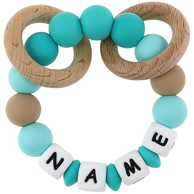 Personalized Baby Rattle Teether with Name, Customized Grasping Activity Shaker Grab Rattles, Early Educational Toys with Wood Teething Rings for Newborn Infant Toddler (Turquoise)