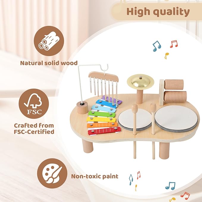 Promise Babe Wooden Drum Set for Toddlers 1-3, Musical Percussion Instruments for Kids Baby Drum Set Xylophone, Montessori Educational Musical Toys, Gifts for Girls Boys Ages 3+