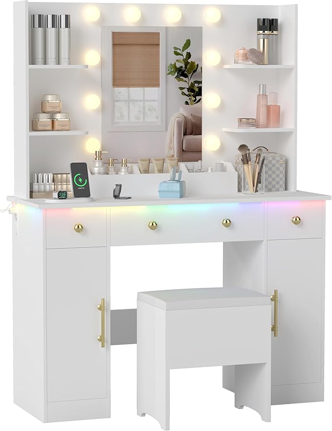 Makeup Vanity Desk with Mirror and Lights, 43" White Vanity Set with Chair, 3 Drawers, Power Outlet & Adjustable RGB LED Lights, Dressing Table with Storage Shelf for Women & Girls Bedroom