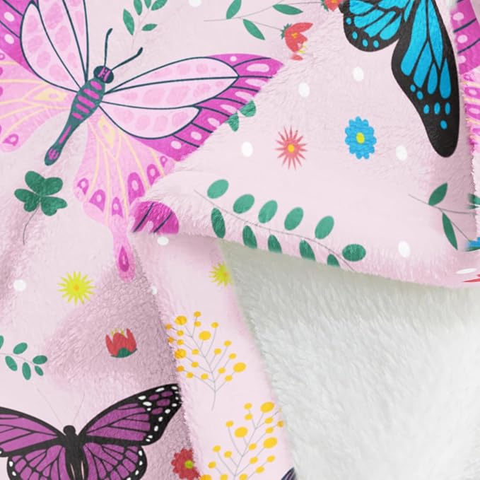 Wajade Butterfly Throw Blanket for Girls Teens Women Pink Soft Fuzzy Flannel Bed Blanket for Couch Sofa Bedroom Plush Colorful Flowers Blankets 60”x80”
