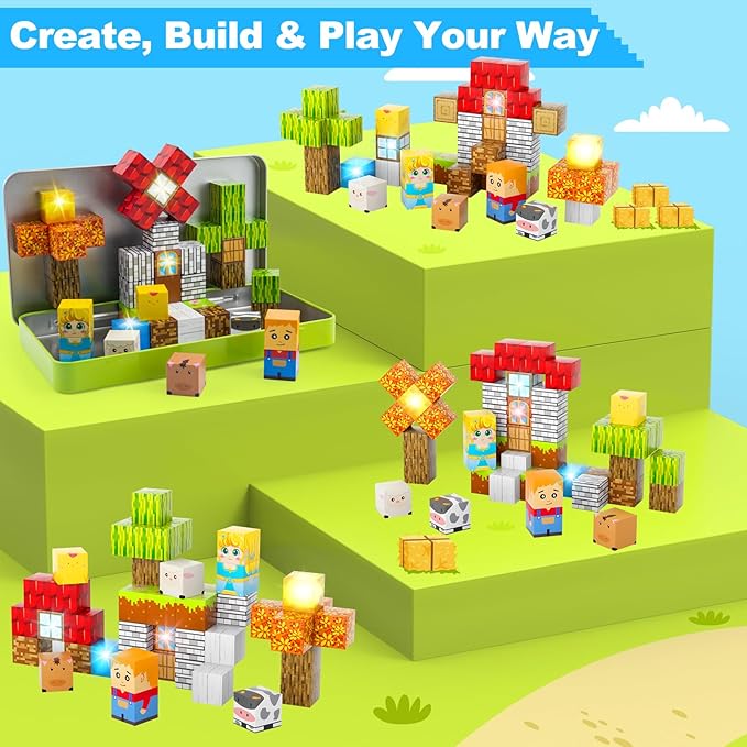 Aywewii Magnetic Blocks 45 PCS Travel Toys for Kids Ages 3-8, Toddler Magnetic Building Cubes STEM Learning Set with Iron Case - Portable Building Toys Gift for Boys and Girls (Farm Edition 1)
