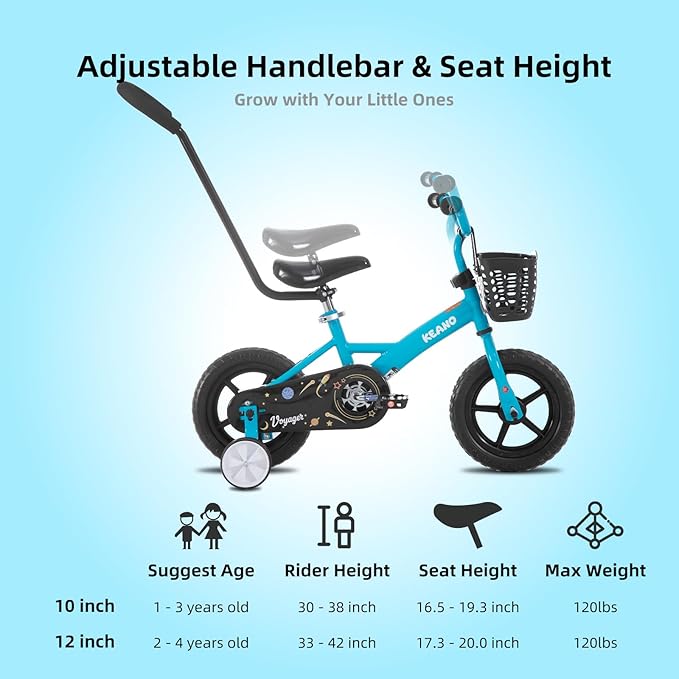 KEANO Voyager 10 12 Inch Kids Bike for Boys and Girls Ages 1-4 Years, Toddler Bike with Training Wheels & Basket, Detachable Parent Push Handle, Children Bicycle